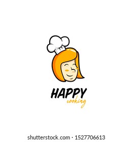 happy cooking kitchen logo with blonde yellow hair sweet female woman chef head icon illustration with chef hat