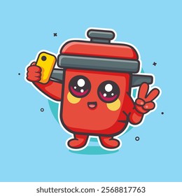 happy cooking pot character mascot taking a selfie with a smartphone isolated cartoon 