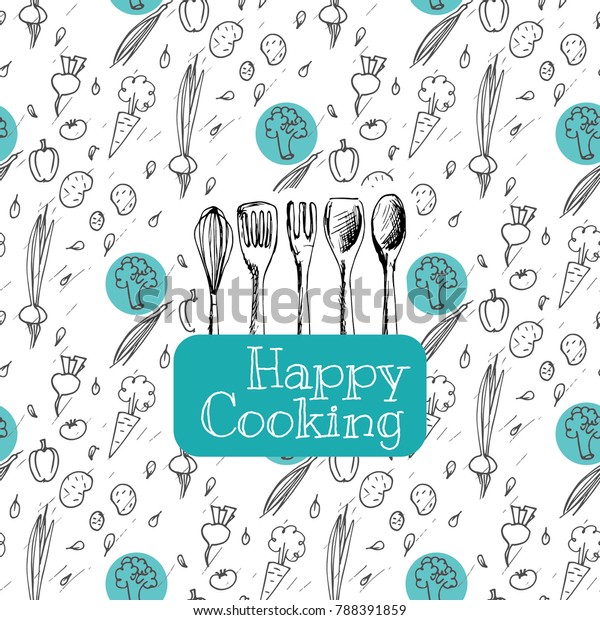 Happy Cooking Words Kitchen Accessories Doodle Stock Vector