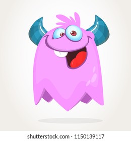 Happy cool cartoon fat flying monster. Purple and horned vector monster character