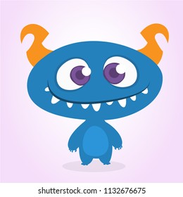 Happy cool cartoon fat monster with big head. Blue and horned vector monster character
