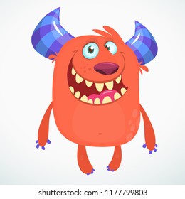 Happy cool cartoon fat monster.Red and horned vector monster character