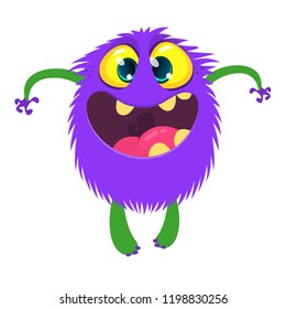 Happy cool cartoon fat monster. Blue and horned vector monster character