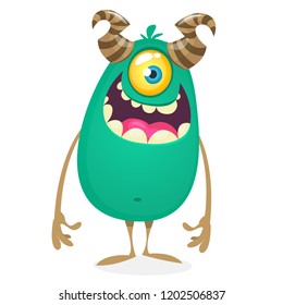 Happy cool cartoon fat monster. Horned vector monster character