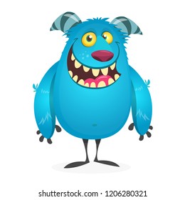 Happy cool cartoon fat monster. Horned vector monster character