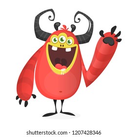 Happy cool cartoon fat monster. Horned vector monster character