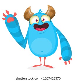 Happy cool cartoon fat monster. Horned vector monster character