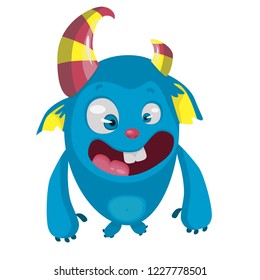 Happy cool cartoon fat monster. blue and horned monster vector character