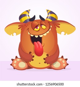 Happy cool cartoon fat monster showing tongue. Horned vector monster character
