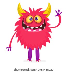 Happy cool cartoon fat monster. Red and horned vector monster character
