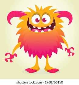 Happy cool cartoon fat monster.  Orange and horned vector monster character
