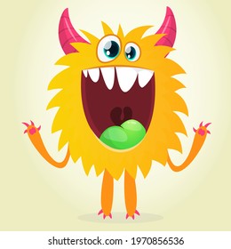 Happy cool cartoon fat monster. Yellow and horned vector monster character
