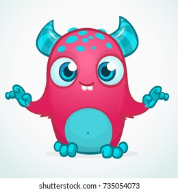 Happy cool cartoon fat monster. Pink and horned vector monster character