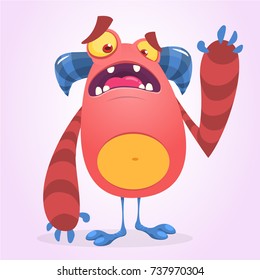 Happy cool cartoon fat monster. Red and horned vector monster character waving