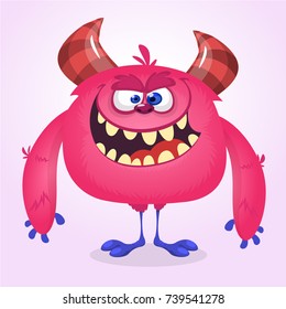 Happy cool cartoon fat monster. Pink and horned vector monster mascot 