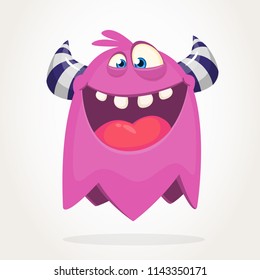 Happy cool cartoonflying monster. Purple and horned vector monster character