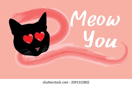 Happy cool cute black cat with heart eyes. Cute valentines card with cat. Vecctor illustration