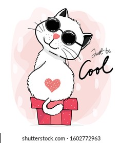 happy cool cute white fluffy fat cat with heart mark wears Sun Glasses stand on a gift box, just be cool word, cute character doodle outline drawing style