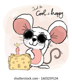 happy cool cute white pink mice or mouse wears Sun Glasses with cheese cake and candle, just be cool and happy word in background, cut character doodle outline drawing style, idea for greeting card,