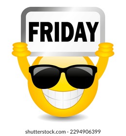 Happy cool emoji with Friday sign, vector cartoon isolated on white background