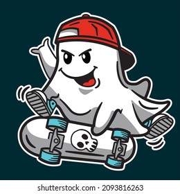 happy cool ghost, having fun with his skateboard