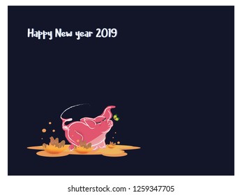 Happy cool pink pig on blue background.Pretty pig enjoy mud bath with green butterfly.Concept of be yourself,fun,enjoy life and stay positive  for 2019 Chinese new year.