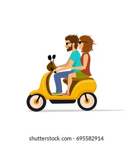 happy cool young couple driving scooter, isolated cartoon vector illustration