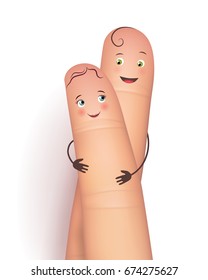 Happy copule hugging. Pair of realistic fingers in love. Beautiful true feelings of man and woman. Flat style vector illustration isolated on white background