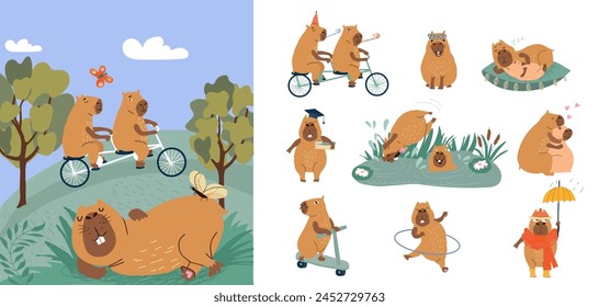 Happy copybars relaxing in nature and riding bicycles or diving into swamp to cool off in hot weather. Collection of several cute animals for design of copybars day cards or children clothing