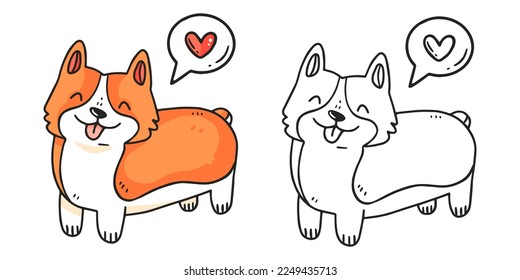 Happy corgi breed dog coloring book with an example of coloring for children. Coloring page with a dog with a heart. Monochrome and color version. Vector children's illustration.