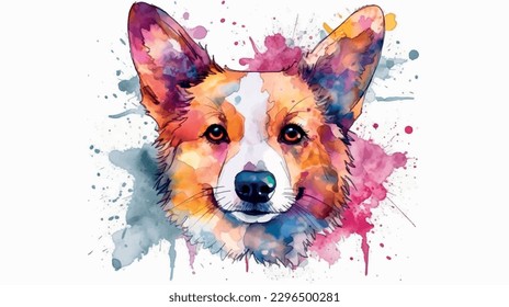 happy Corgi Dog illustration in watercolor painting