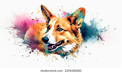 happy Corgi Dog illustration in watercolor painting