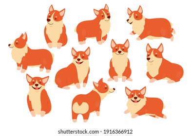 Happy corgi dog pet vector illustration set. Cartoon cute puppy characters in different poses collection, kawaii corgi doggy sitting, friendly dog standing with smiling muzzle isolated on white