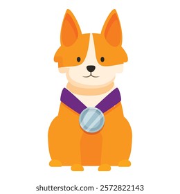 Happy corgi dog is sitting proudly wearing a medal on a purple ribbon after winning a competition