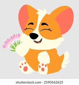 Happy corgi holding pink flowers with a joyful expression. The fluffy puppy sits with a cute smile, making it perfect for greeting cards, stickers, pet-themed prints, invitations