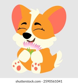 A happy corgi holds pink flowers with a joyful expression on his face. The adorable dog sits with a cute smile, making it perfect for greeting cards, stickers, prints, pet-themed designs and digital i