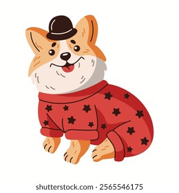 Happy corgi in jumpsuit and bowler hat flat color vector character. Small dog in funny clothing with star pattern illustration on white background