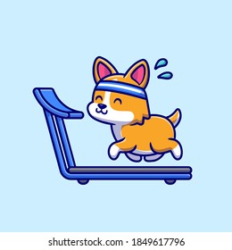 Happy Corgi Running On The Treadmill Cartoon Vector Icon Illustration. Animal Sport Icon Concept Isolated Premium Vector. Flat Cartoon Style