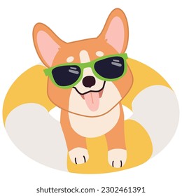 Happy Corgi with sunglasses and floating ring, air mattress for summer