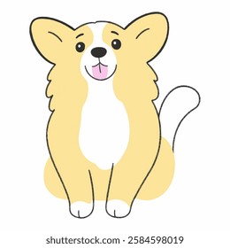 A happy corgi with its tongue out, wagging its tail in excitement, bringing joy to pet lovers, greeting cards, and dog themed projects.