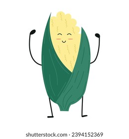 Happy corn cartoon  character vector illustration on isolated background. Flat style. For emblems, characters of comics and cartoons.