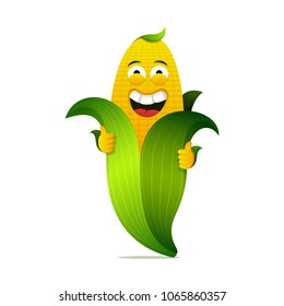 Happy corn cartoon character. Vegetarian food. Funny cute fresh healthy plant. For recipe, cook book, article. Good food quality