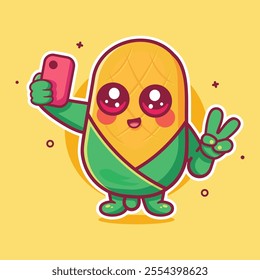 happy corn character mascot taking a selfie with a smartphone isolated cartoon 