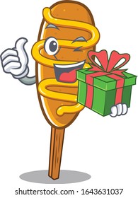 Happy corn dog character having a gift box