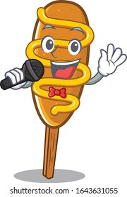 Happy corn dog singing on a microphone