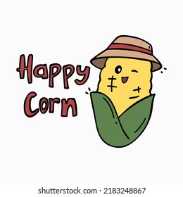 Happy corn with hat and winking eye logo mascot illustration