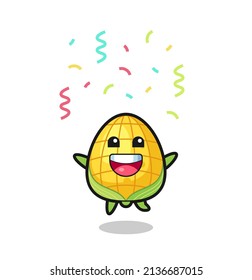 happy corn mascot jumping for congratulation with colour confetti , cute style design for t shirt, sticker, logo element