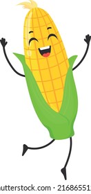 Happy corncob character. Cartoon joyfull corn icon isolated on white background