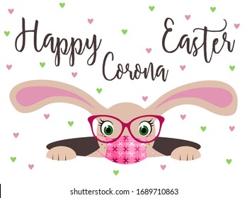 Happy Corona Easter bunny girl with glasses, protection mask and scattered hearts. Funny 2019-nCov novel coronavirus concept