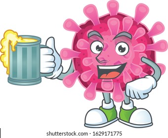 Happy corona virus mascot design with a big glass